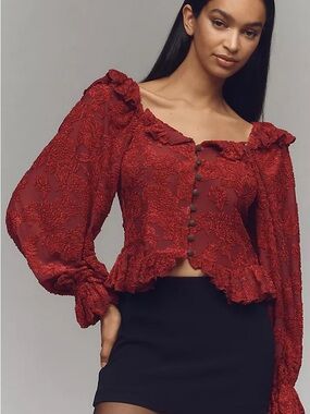 Anthropologie Red Textured Lace Puff-Sleeve Crop Blouse